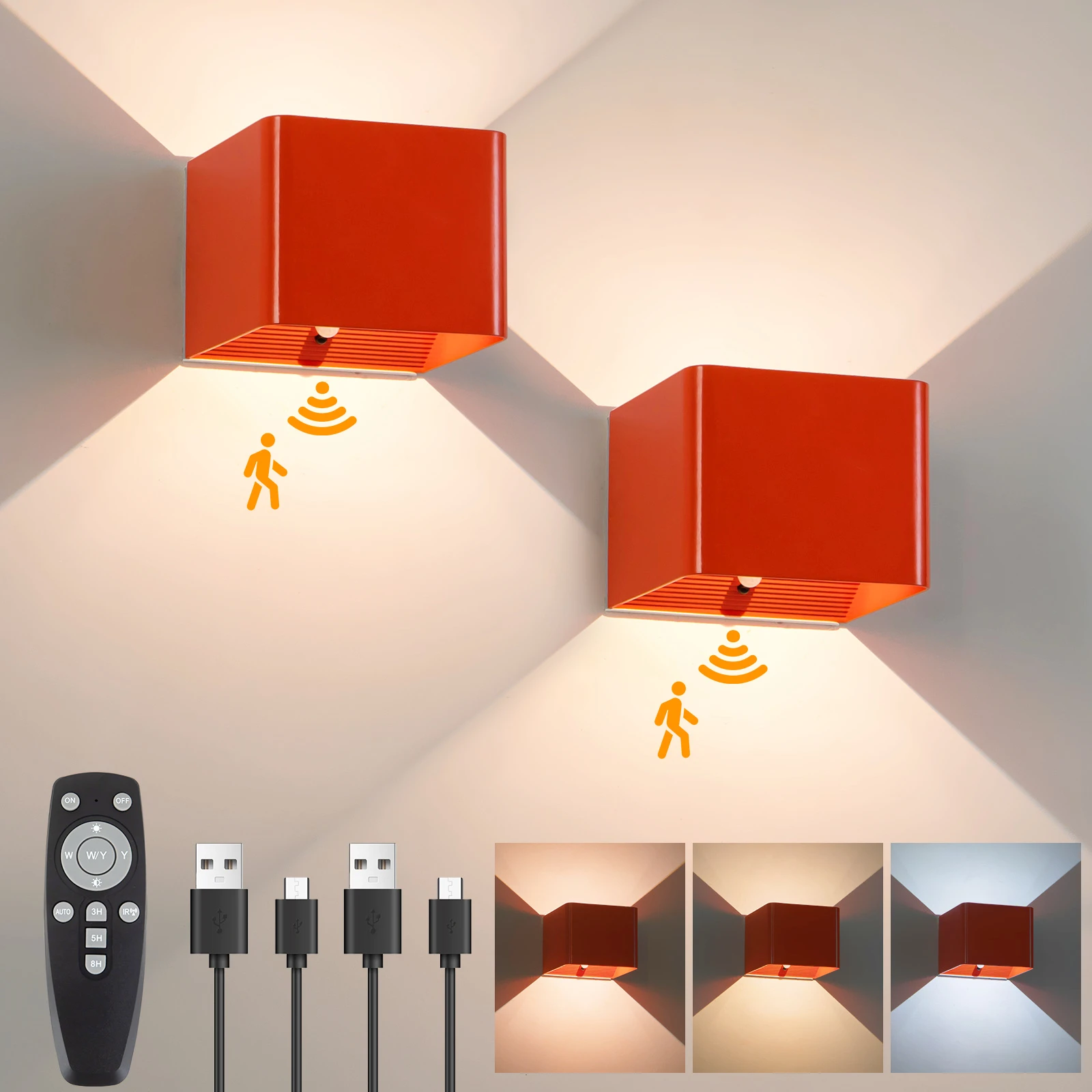 Applique murale à détecteur de mouvement avec télécommande, applique murale sans fil 3 couleurs, applique murale intérieure LED haut et bas, applique murale alimentée par batterie rechargeable 4000