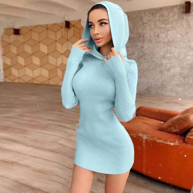 

Temperament women's wear new autumn and winter trend fashion knitted hooded long-sleeved slim hip dress female A-line skirt