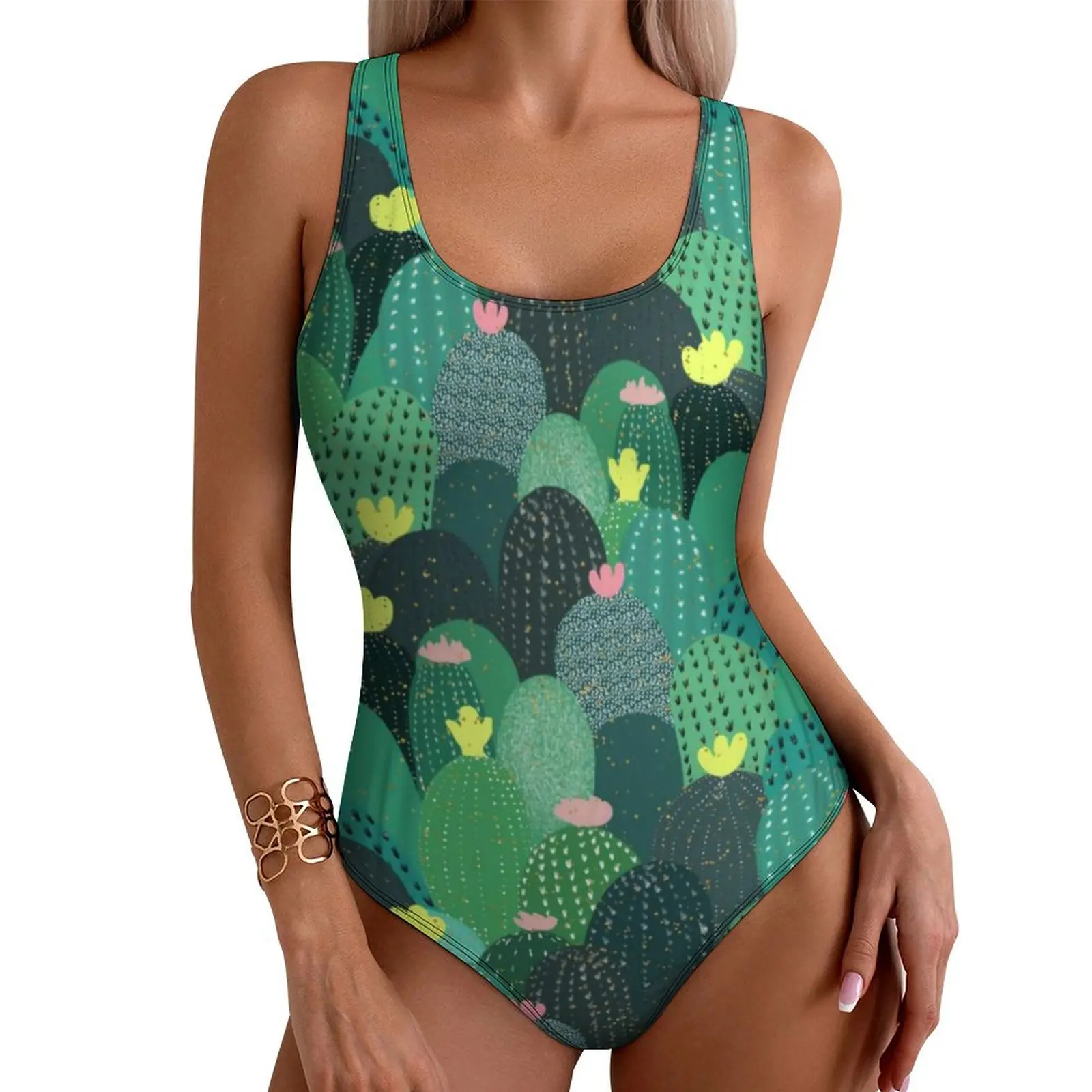 Tropical Print Swimsuit Sexy Green Teal Cactus One-Piece Swimwear Push Up Bodysuit Korean Fashion Holiday Swim Bathing Suit