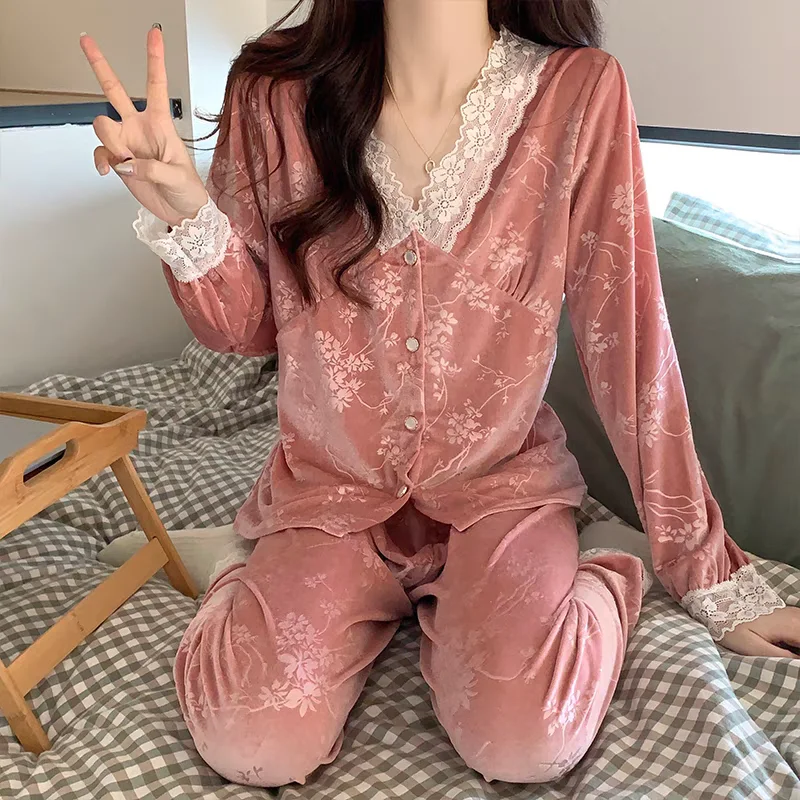 Sexy V-Neck Pajamas Suit Lace Trim Nightwear Autumn Winter New Loungewear Long Sleeve Homewear Print Flower Sleepwear Pyjamas