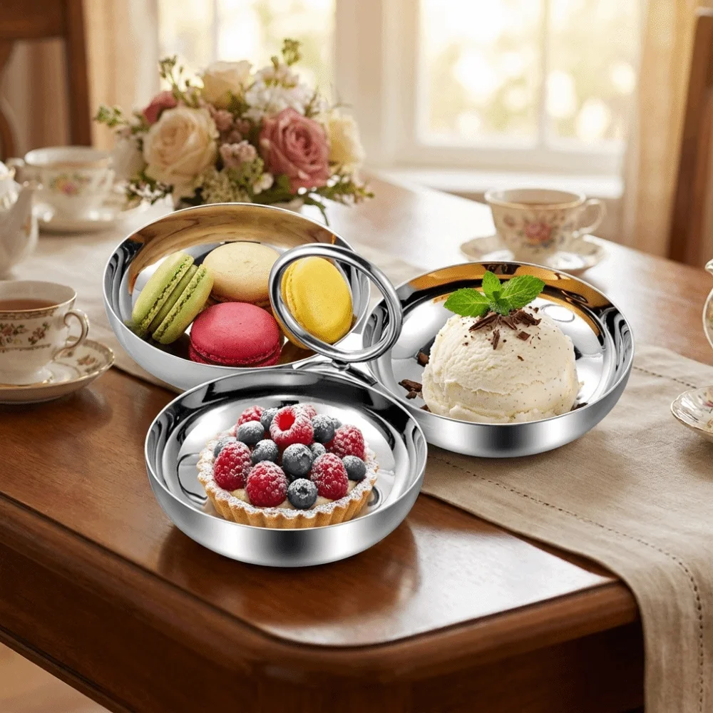Thick Stainless Steel Serving Bowl Multipurpose Round 3 Section Serving Bowl Ice Cream Bowl with Handle Dessert Plates Bar