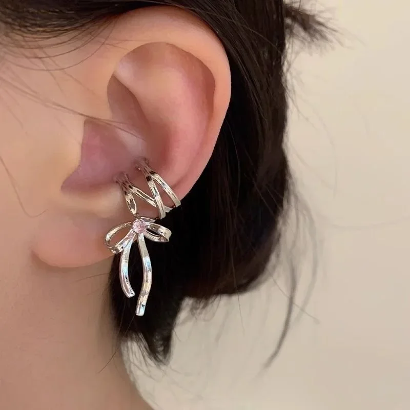 Girls New Ribbon Aesthetics Ear Clips Ballet Style Ribbon Bow-knot Ear Cuff Women Korean Fashion Kpop Earring JewelryAccessories