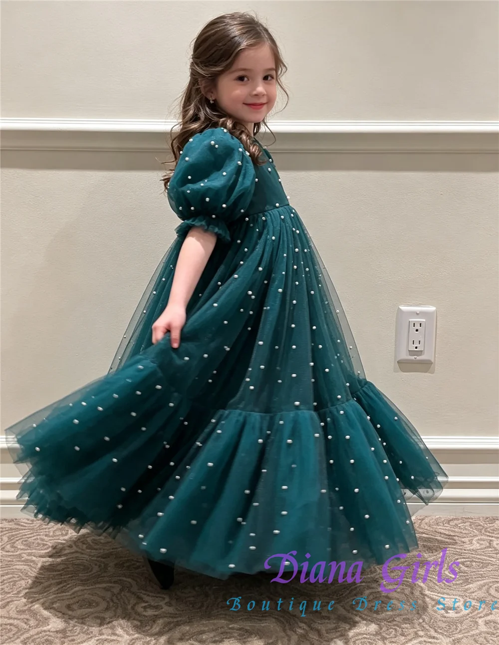 New Quality Pearl Applique Flower Girl Dress Green Tulle Fluffy For Kids Baptism Wedding Birthday Party Evening Ball Gowns