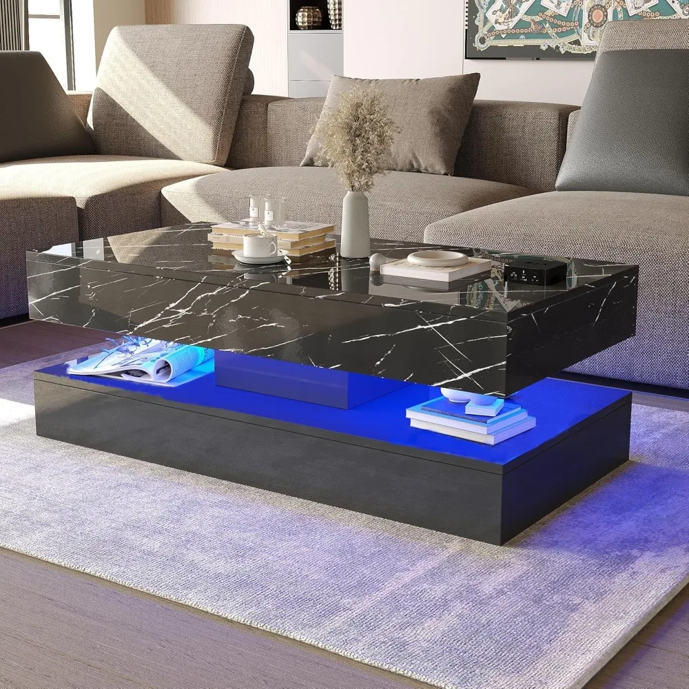 LED Coffee Table 2 Storage Drawers, Modern High Gloss Black Coffee Table w/20 Colors LED Lights, 2 Tiers Rectangle Center Table