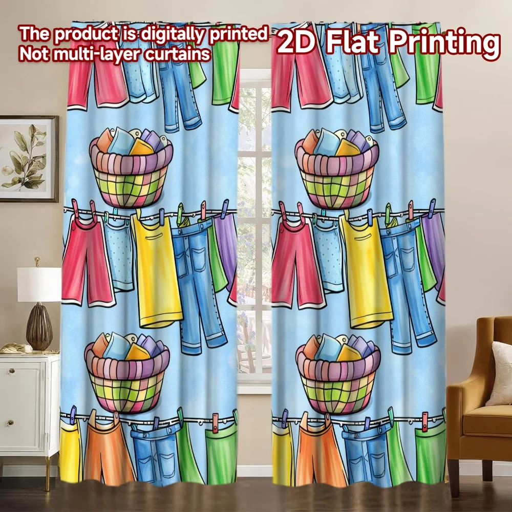 2D FLAT PRINTING 2pcs Curtains (Without Rod) Colorful Laundry Day Popular Minimalist Curtains Machine Washable Fabric Curtains