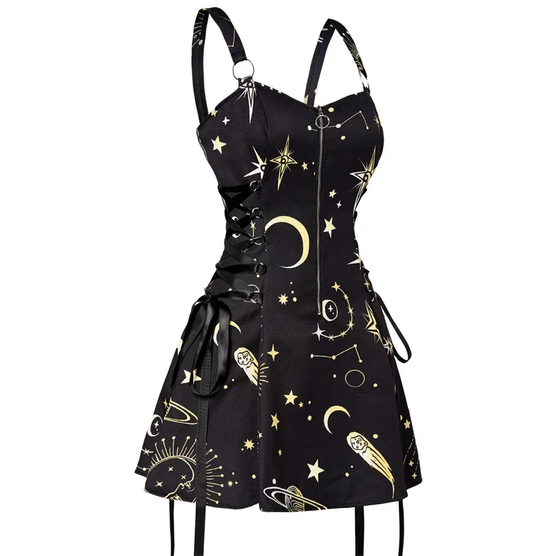 

Sun Star Print Dress Half Zipper Lace Up High Waisted Strap A Line Mini Robe Fashion Casual Tank Playsuit for Women Lolita