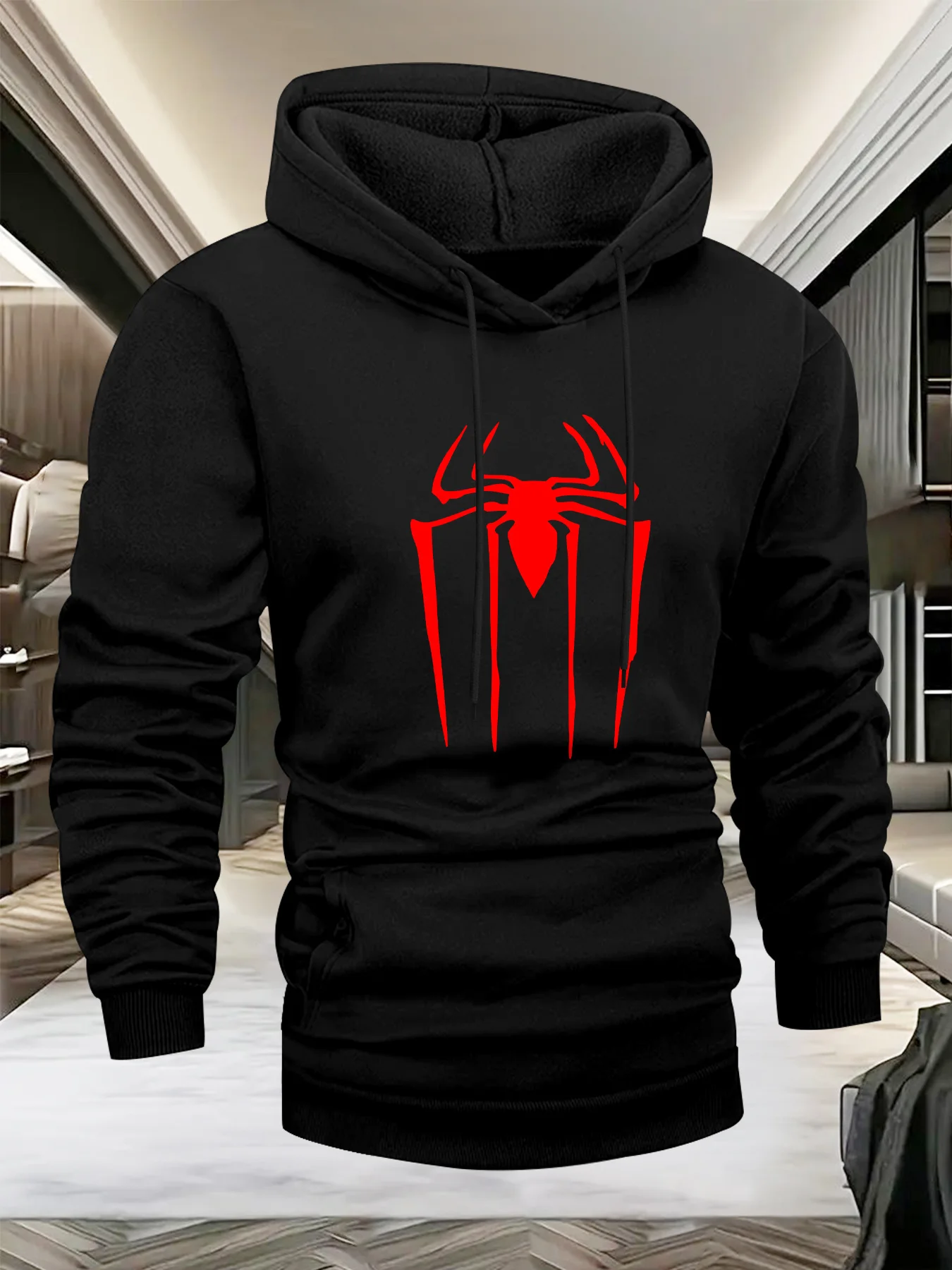Moletom Masculino de Lã com Estampa Gráfica de Aranha, Quente para o Inverno, Roupa Esportiva, Moletom Casual Solto para Treino