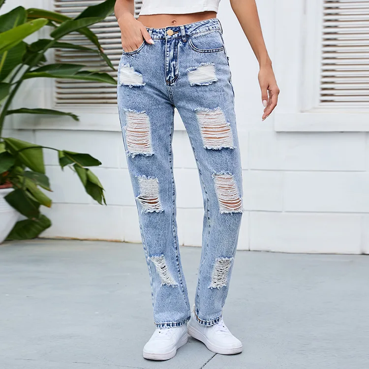 Distressed Women Jeans Straight Pants Denim Pockets Mid Waist Ankle Length Loose Solid Spliced Washing Zipper Holes Casual 2024