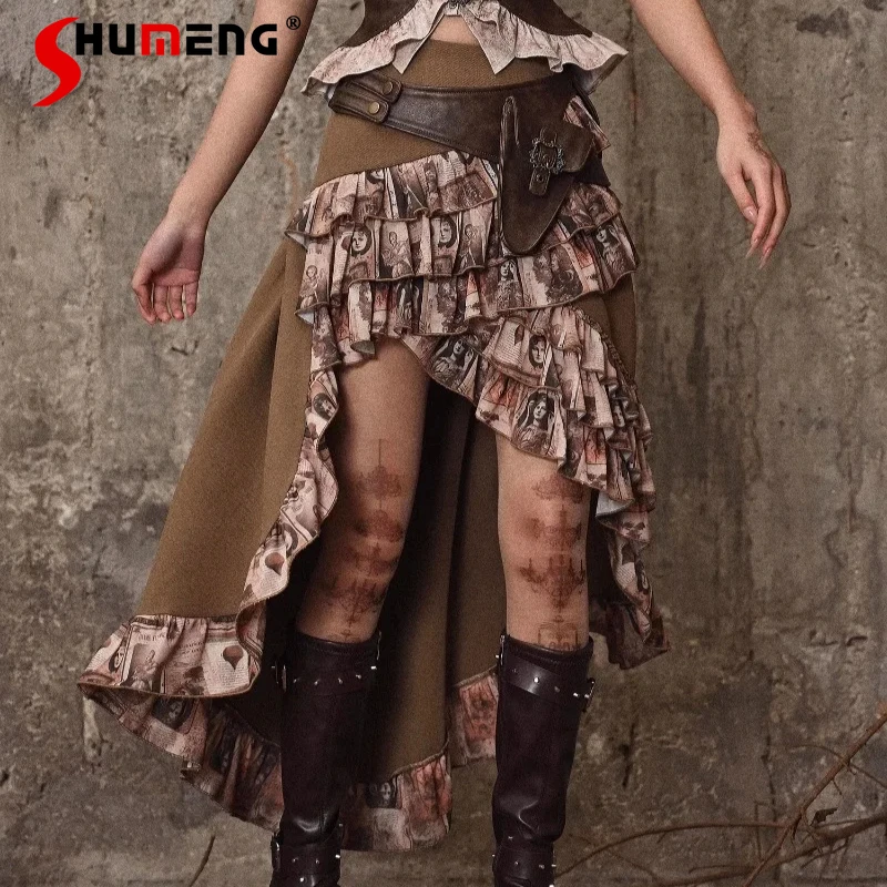 

Japanese Style Summer Autumn Steampunk Leather Distressed Retro Trailing Waist Bag Ruffled Irregular Front Short Back Long Skirt