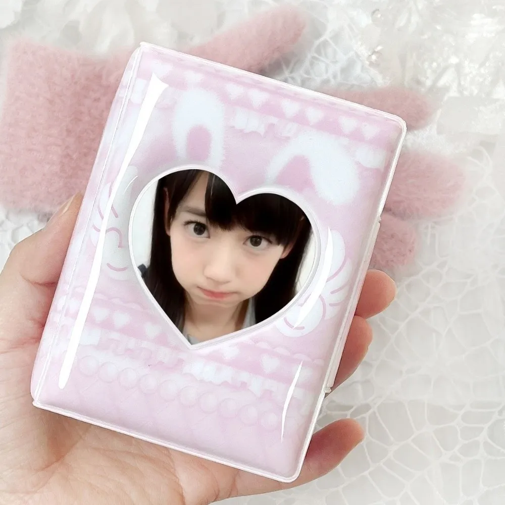 Niedliches rosafarbenes Liebesbogen-Kartenalbum, 7,6 cm, Mini mit 16 internen Seiten, Idol-Karte, Sammelbuch, PVC-Sammelkartenalbum, Postkartenbuch