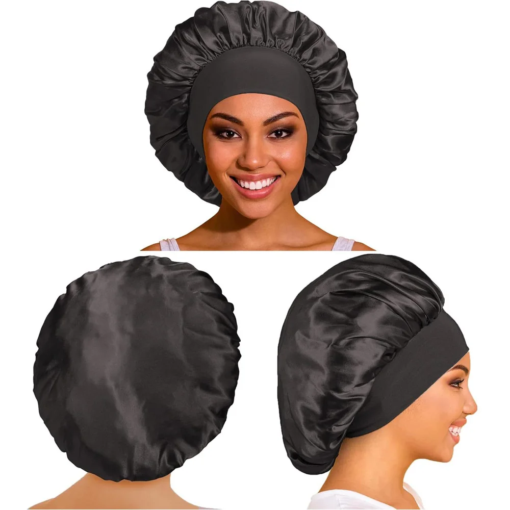 High Elastic Satin Solid Wide-brimmed Sleeping Hat Unisex Head Wrap Elastic Band Cap Hair Care Bonnet Night Sleeping Hat