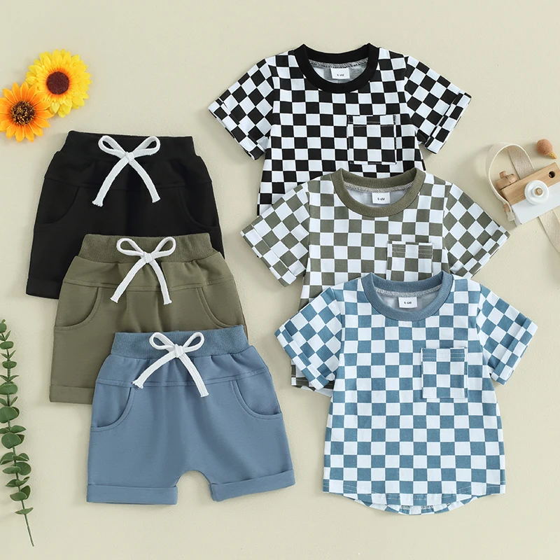 

Toddler Baby Boy Girl Summer Clothes Checkerboard Print Short Sleeve T-Shirt Tee Tops Rolled Shorts Infant Outfits