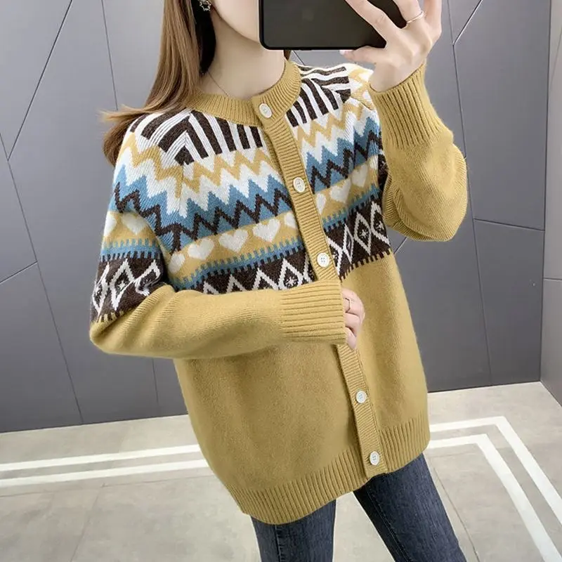 Love Jacquard Long Sleeve Knitting Cardigan Coat Women Autumn Loose O-neck Sweater Office Lady All-match Fashion Knitting Tops