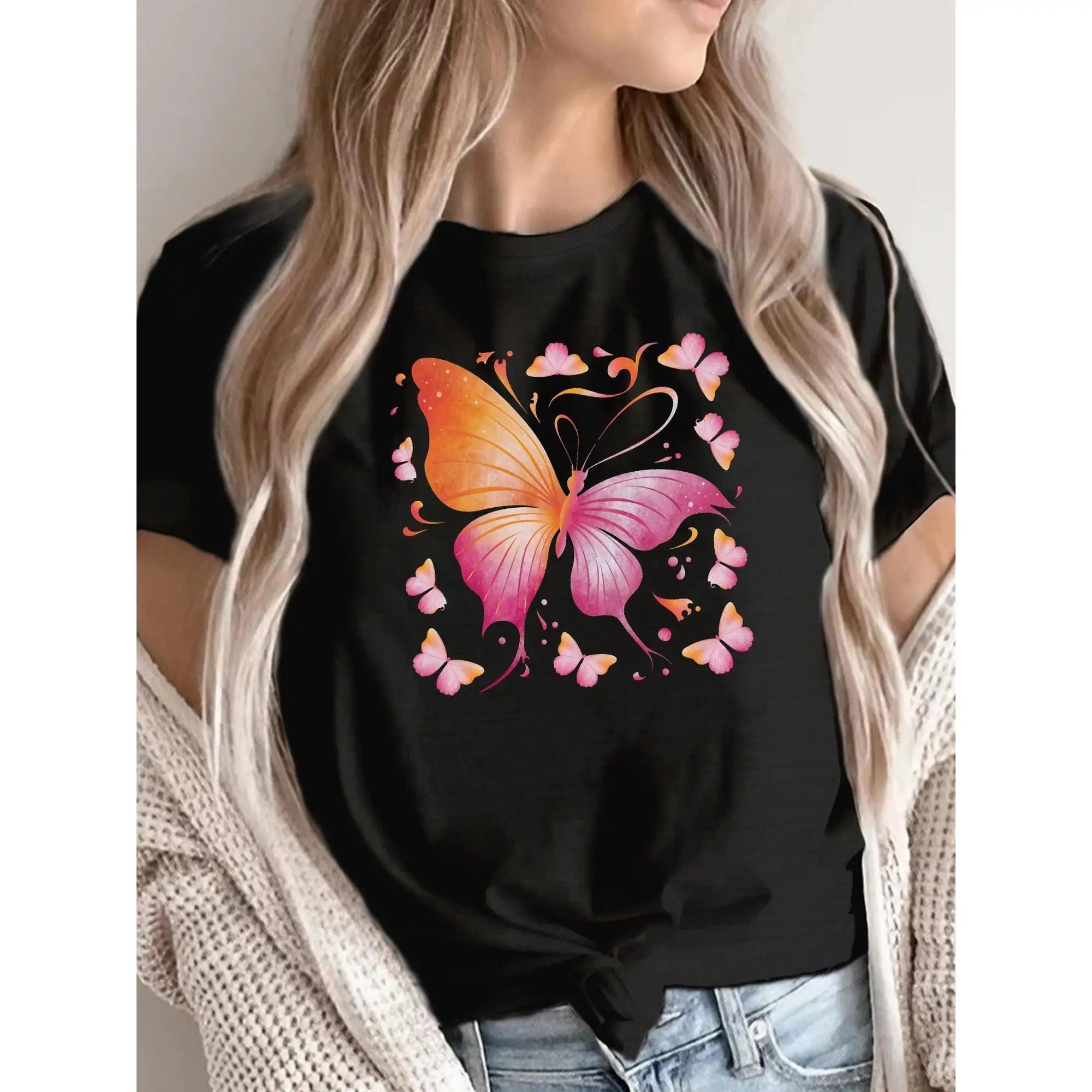 

Butterfly Print Crew Neck T-shirt, Casual Short Sleeve Top For Spring & Summer