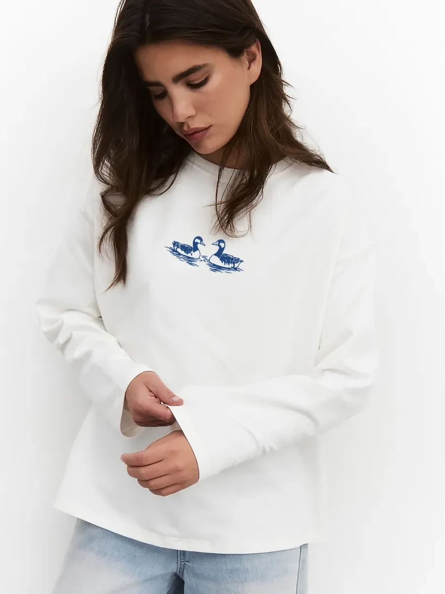 Autumn Women's 100% Cotton Blue Duck Print T‑Shirt Loose Casual Long Sleeve Oversized Basic Base Top For Ladies Daily Wear