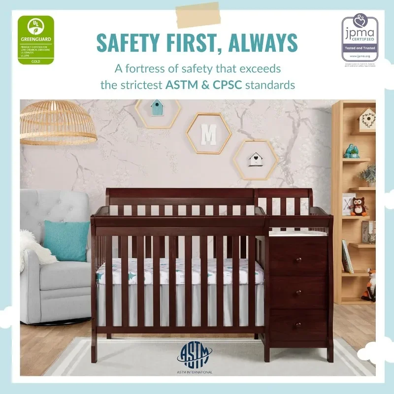 Dream On Me Jayden 4-in-1 Mini Convertible Crib And Changer in Espresso, Greenguard Gold Certified, Non-Toxic Finish