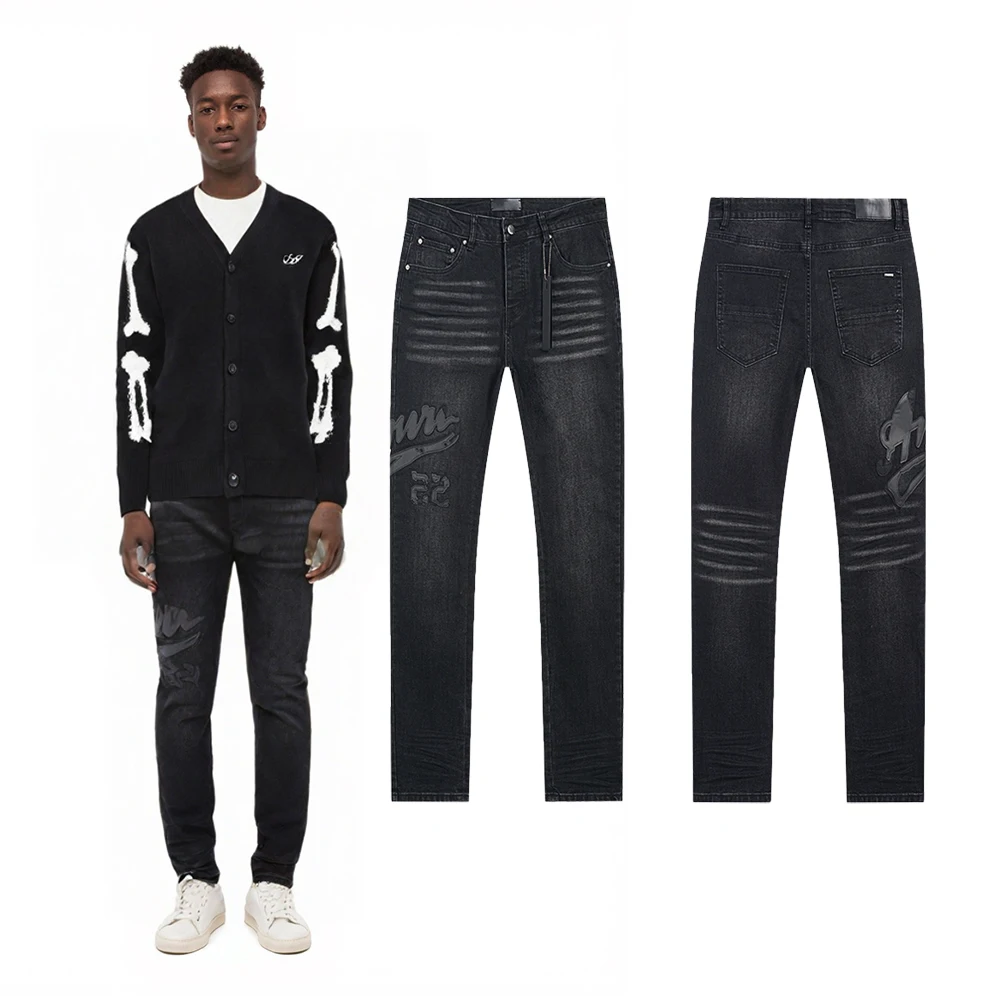 

Одежда Y2k, мужская уличная одежда, кожаные облегающие джинсы с вышивкой, хип-хоп, уличный стиль, ретро, потертые повседневные джинсы в стиле рок, Revivals