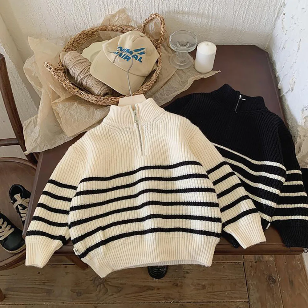 New Korean Children\'s Knit Sweater For Spring Autumn 2024 Baby Boys Girls Striped Long Sleeve Pullover Half Zipper Kids Clothes