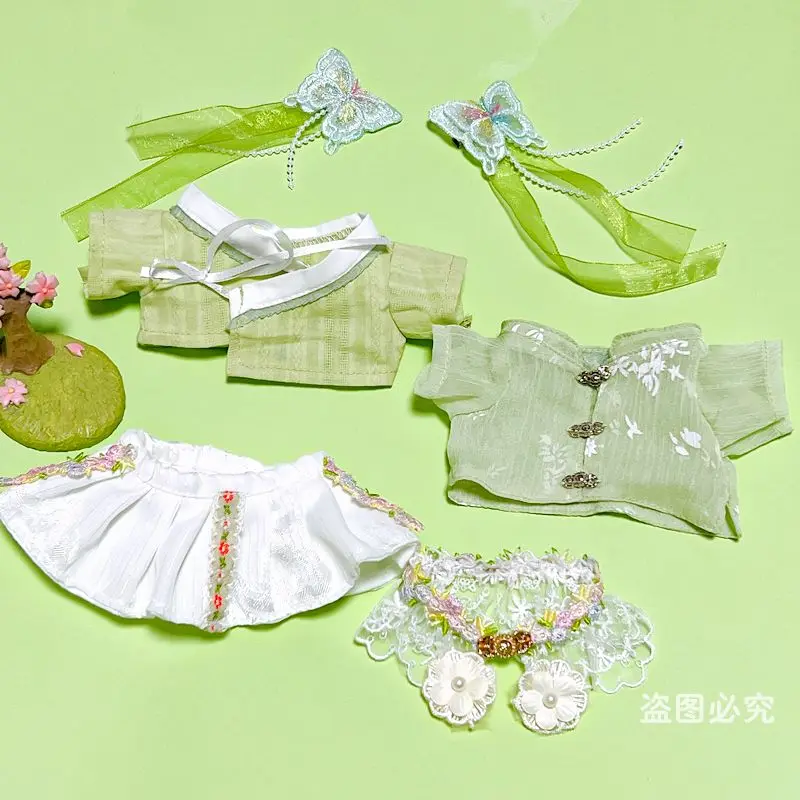 

In Stock 20cm No Attribute Plush Dolls Outfit 6pc/set Chinese Style Green Willow Skirt Set Butterfly HairBand Shoes