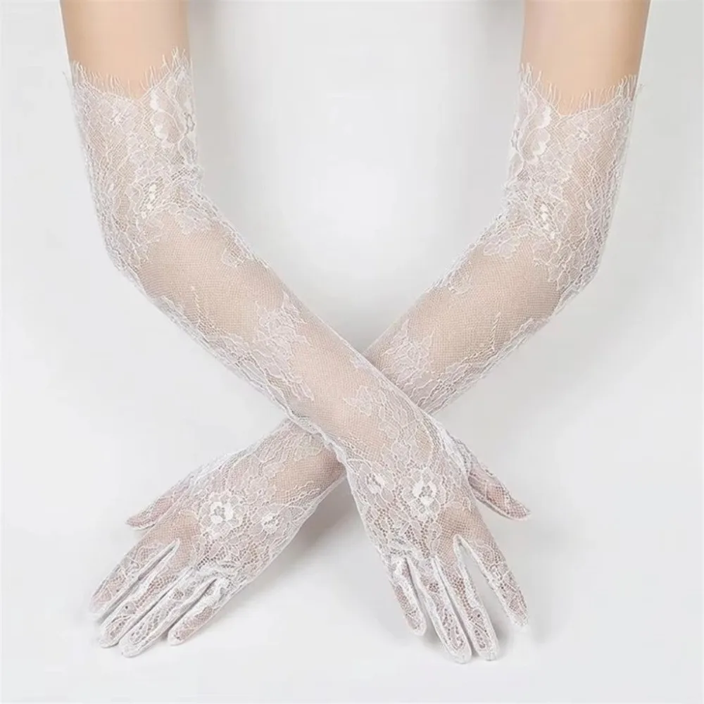 Long Lace Wedding Gloves Elbow Length Soft stretch Sheer Lace Bridal Gloves Floral Tulle Gloves Bride Dinner Party Evening