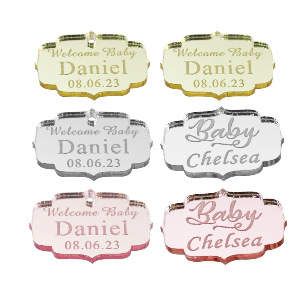 Personalized Acrylic Mirror Baby Tags, Engraved Wedding NameTags, Baptism Baby Gift Tags, Sweet Box, Baby Shower Favors