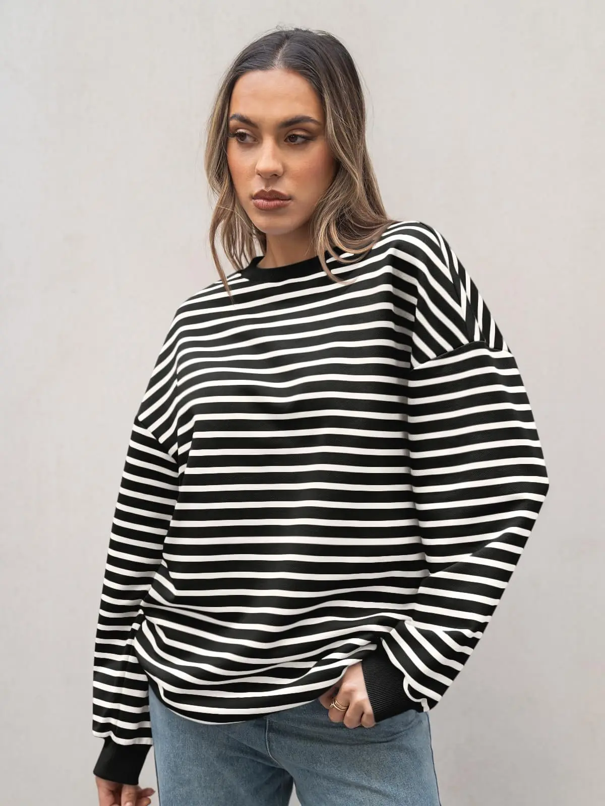 Sweatshirts Women Print Striped Tops Round Neck Full Sleeve Casual Loose Regular Top Splice Simple Sweatshirt Autumn 2024