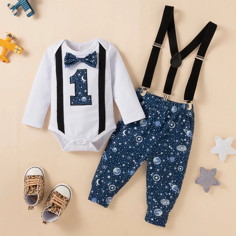 2pcs Autumn and Winter New Cartoon Boy\'s Cotton Jumpsuit with Starlight Print Backpack Pants Birthday Party Costume Set 0-24M