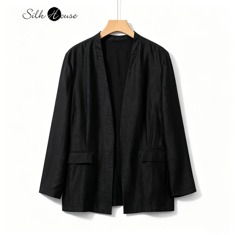 2026 Women's Fashion Spring/Summer New 100% Natural Mulberry Silk Gambiered Guangdong Gauze Turtle Crack Loose Long Sleeve Coat