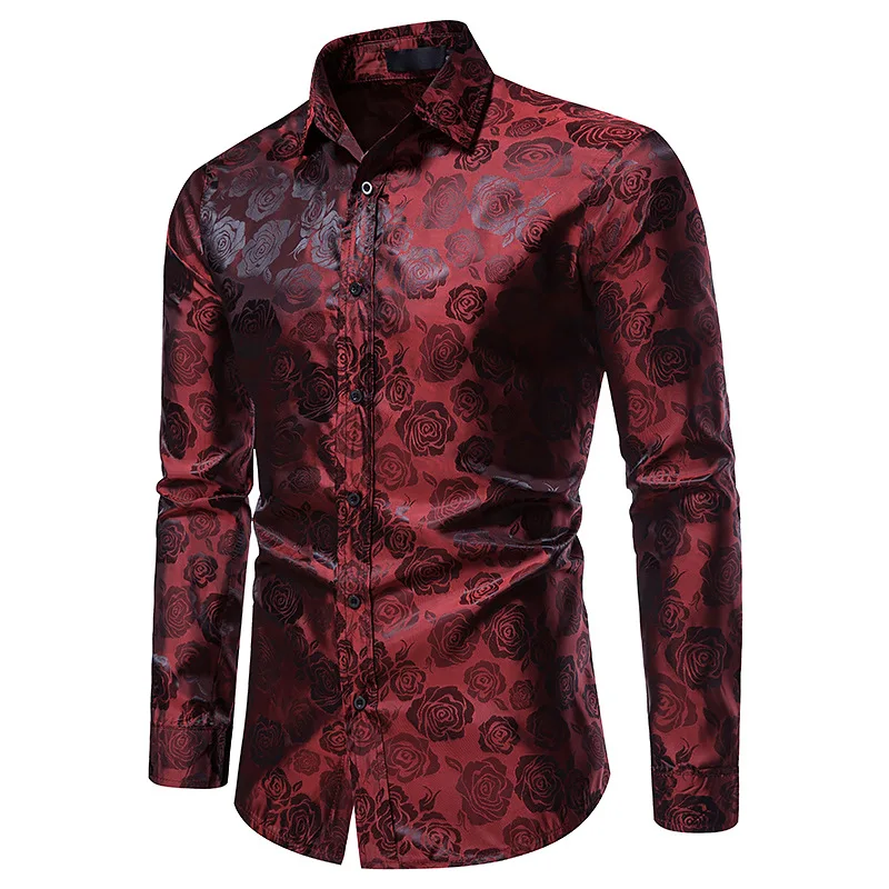 Men\'s Long Sleeve Shirt  Rose Print Casual Button Shirt Slim Fit Formal Shirt Noble Luxury Bronze Shirt Palace Style Shirt