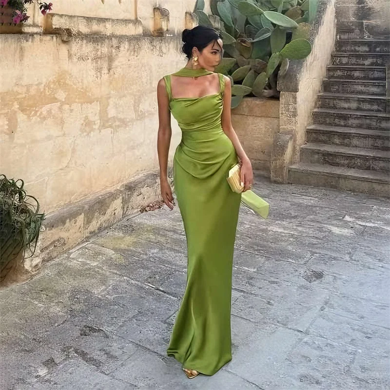 

Sexy Prom Dress With Scarf Green Satin Stripe Sleeveless Long Mermaid Party Gown Formal Wedding Guest Birthday Evening Robe