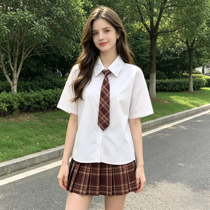 E-BAIHUI Women's Solid Color Shirt Ladies' Turn Down Collar Plaid Tie Short Sleeved Blouse Summer New Version Loose Casual Top