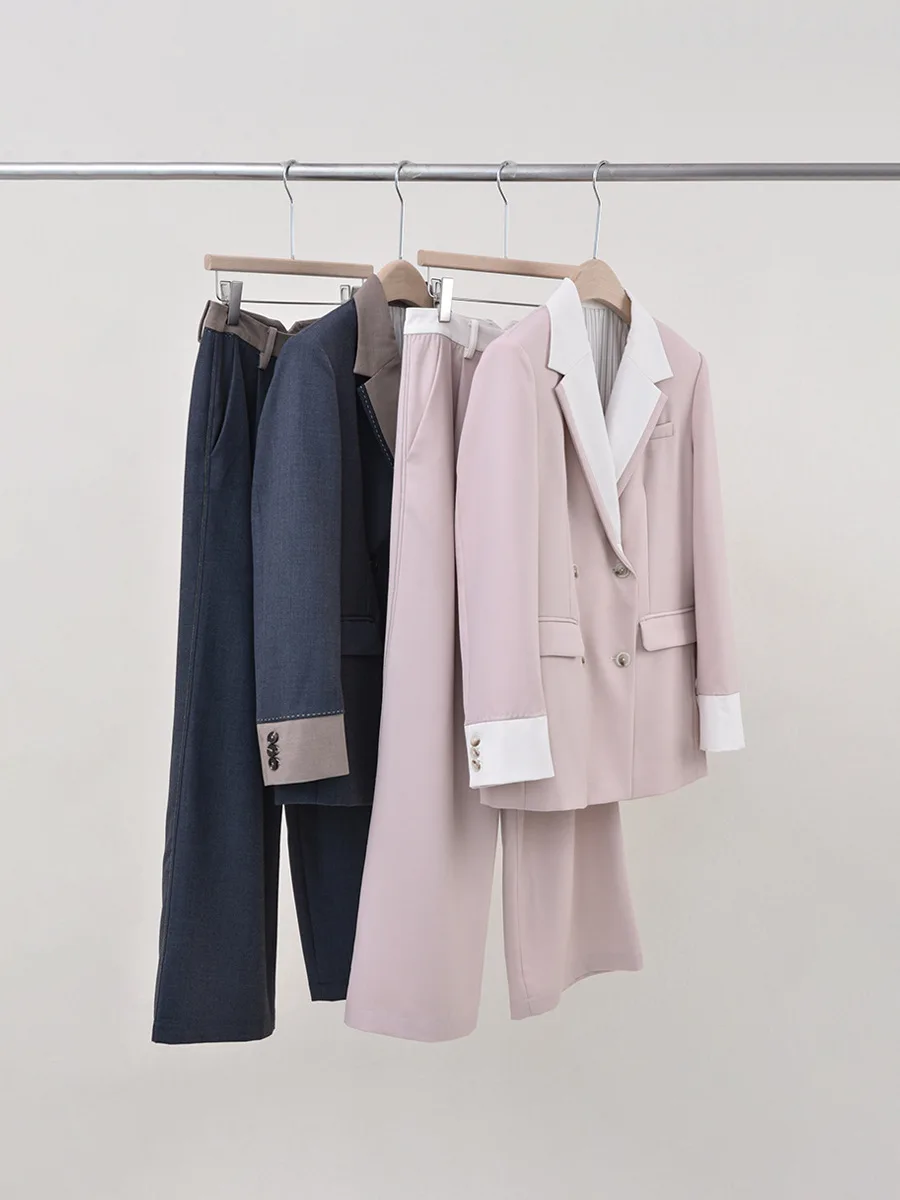 Women Contrast Color Bead Suit Autumn High Waist Midi Skirt or Straight Wide Leg Pants or V-Neck Vest or Double Breasted Blazer