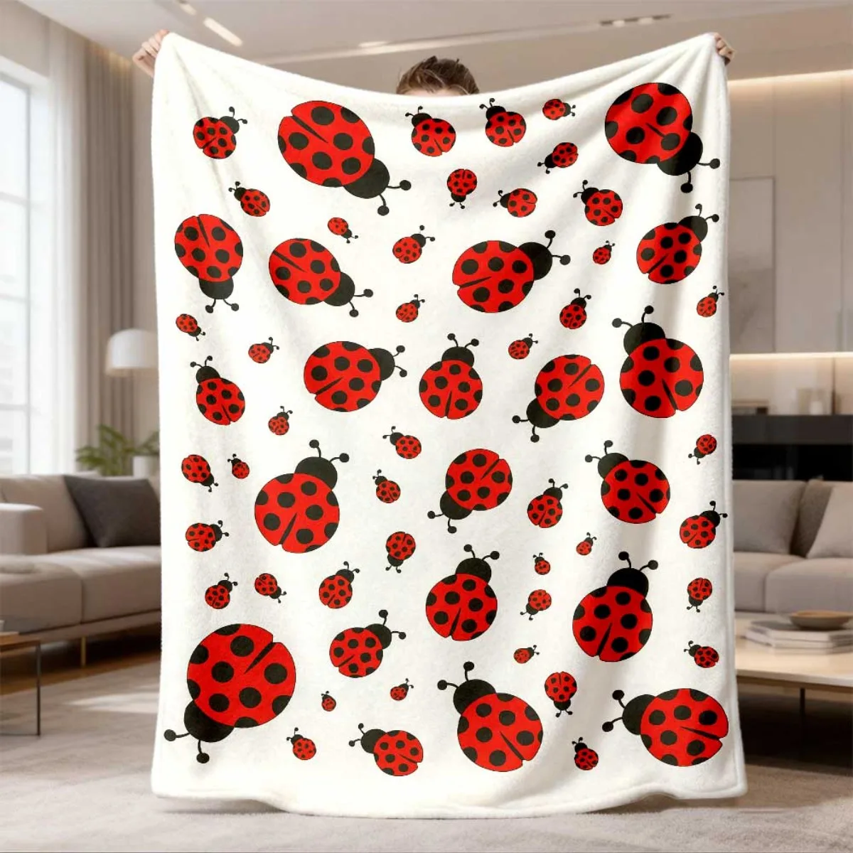 2026 New Arrival Flannel Blanket A Red SevenSided Ladybug Print Flannel Blanket, Ultra Soft And Comfortable, Lightweight And Dur