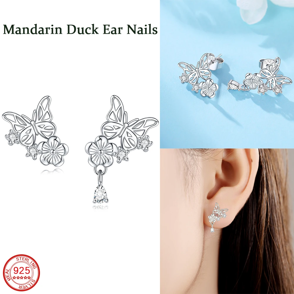 925 Sterling Silver White Hollow Butterfly Flower Mandarin Duck Earrings For Women's Jewelry Anniversary Accessories