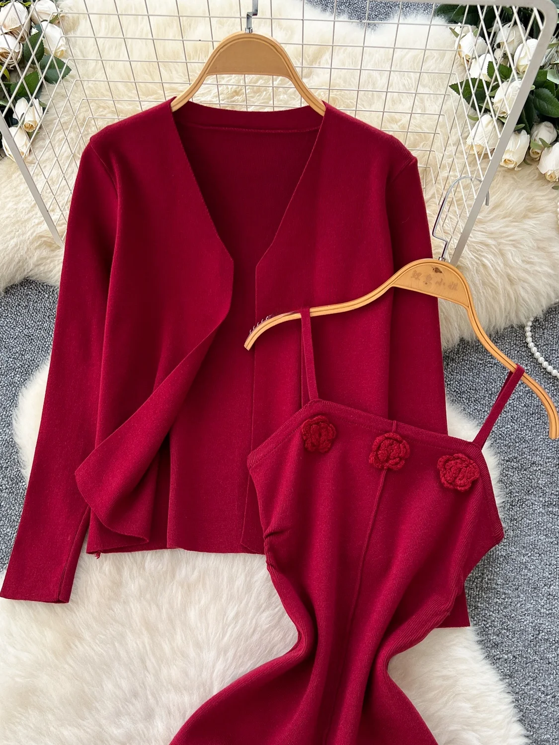 Fall Faion Elegance Women's Pure Desire 3D Flower Print Knitted Dr with Long Sve Outerwear Two-Piece Set Casual Workwear