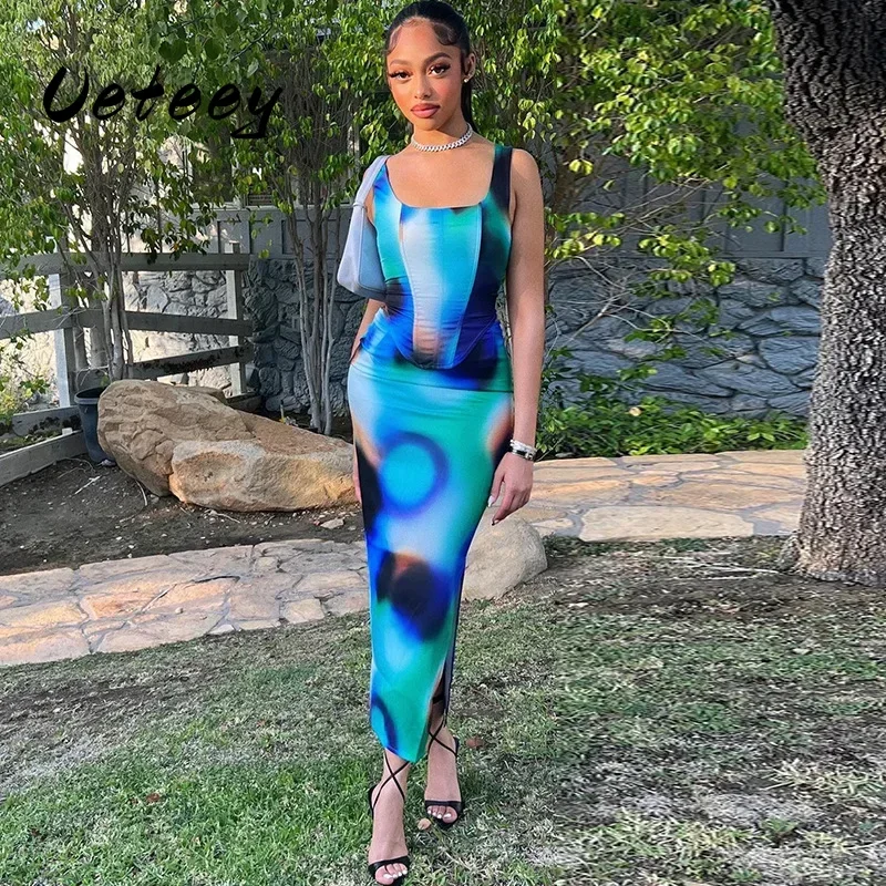 Ueteey Two Piece Skirt Sets Sexy Outfits Women Printed Sleeveless Vest Top + Split Bodycon Long Skirts Siut Vocation Clothes