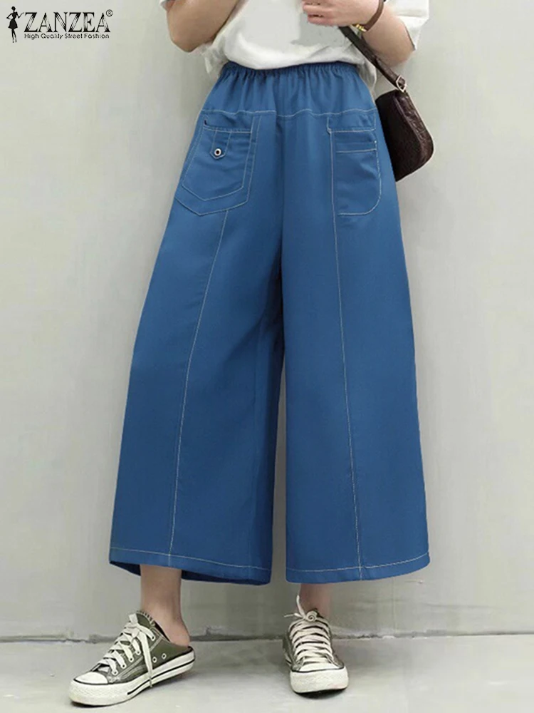 ZANZEA Herbst Breite Bein Hosen 2025, Frauen Elegante Mode Lässig Lose Einfarbig Lange Hosen Hohe Taille Vintage Hosen Übergroßen