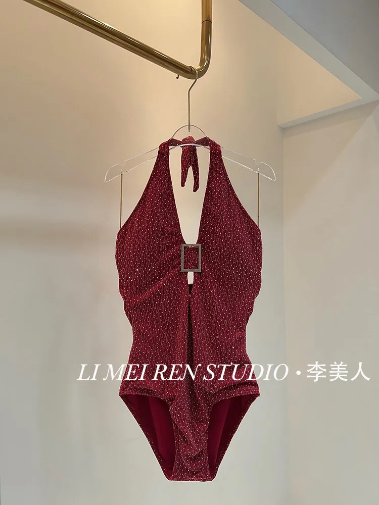 New Hanging neck V-neck rhinestone one-piece swimsuit for women's high-end vacation swimsuit