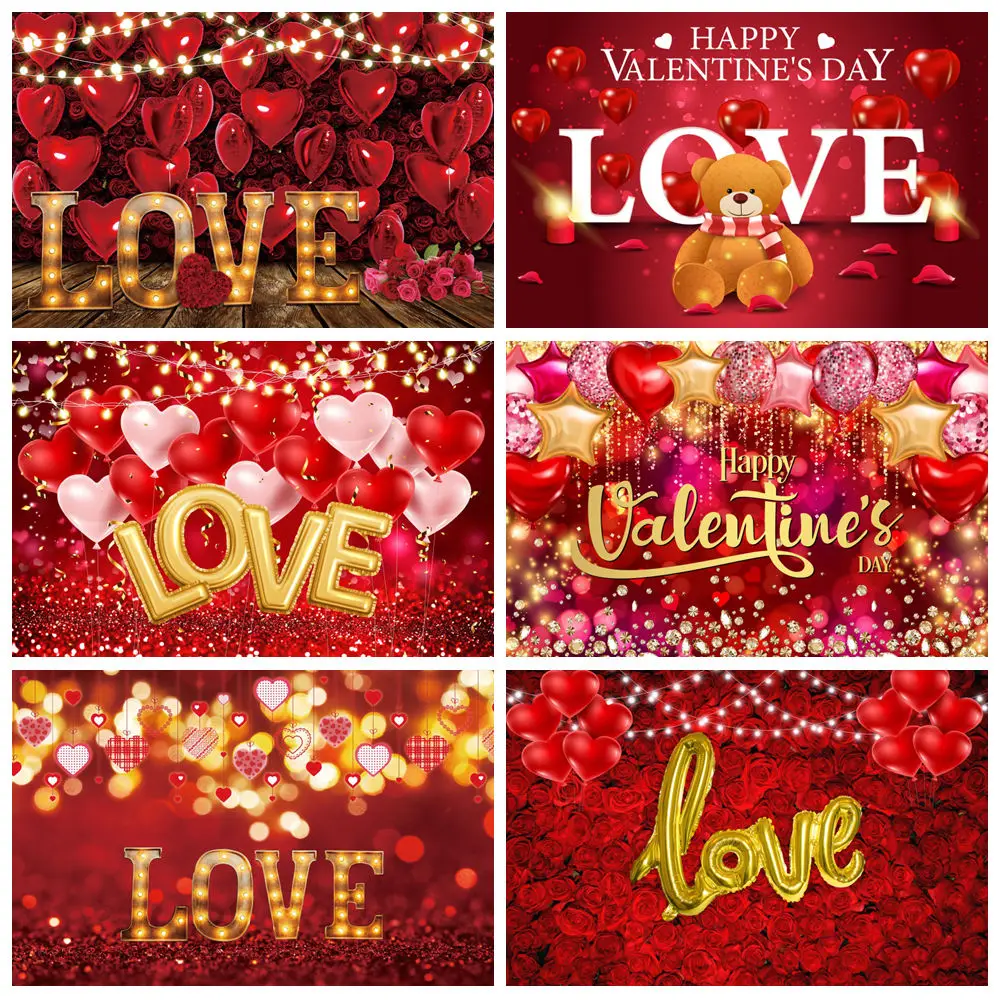 

Valentine's Day Photography Backdrop Rose Flower Love Heart Lights Balloons Wedding Portrait Background Decor Photo Studio Prop