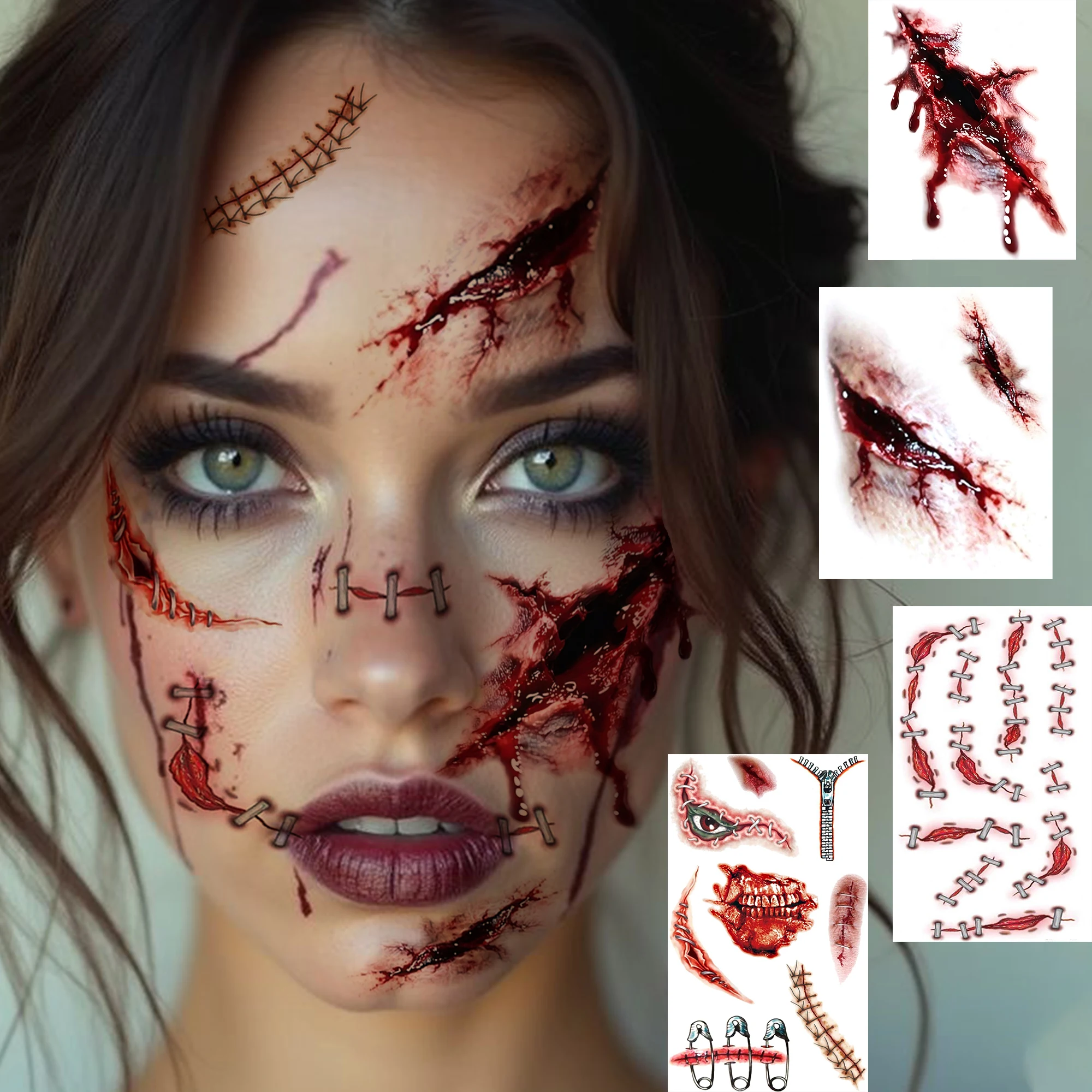 4 Sheets Realistic Staple Suture Bloody Cut Adult Horror Halloween Cosplay Temporary Tattoo Sticker, Waterproof Temp Fake Tatoos
