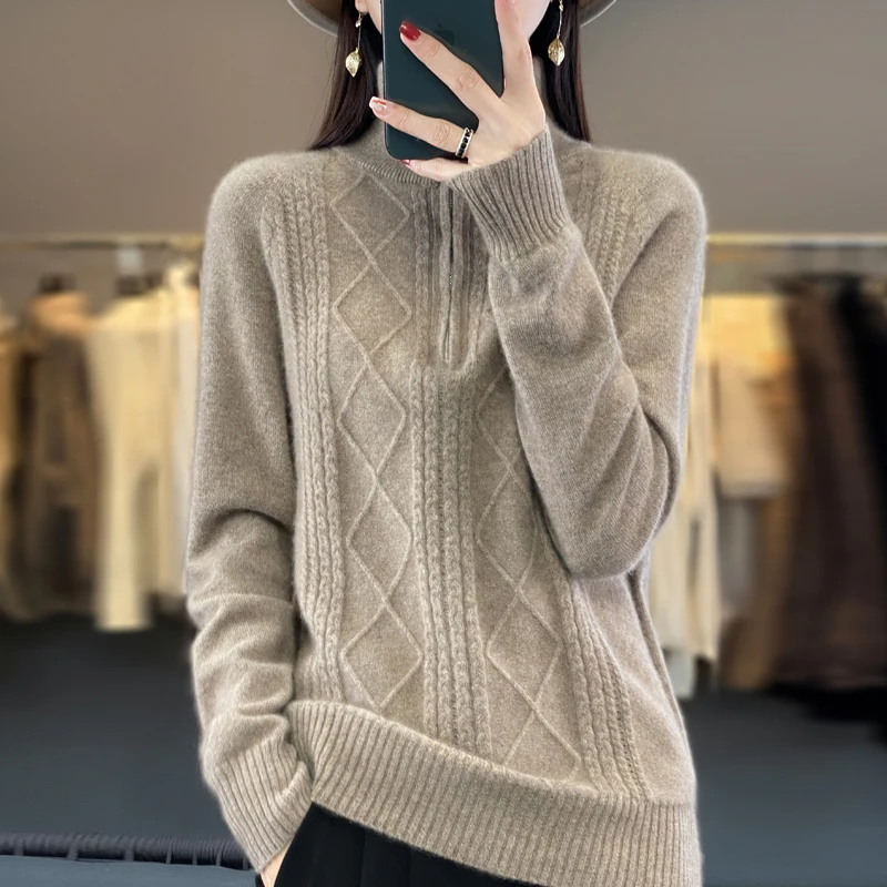 100% Merino Wool Sweater Slim-fit Half Zipper Ladies Solid Color Long Sleeve Knitted Pullover Ladies Thickened Sweater