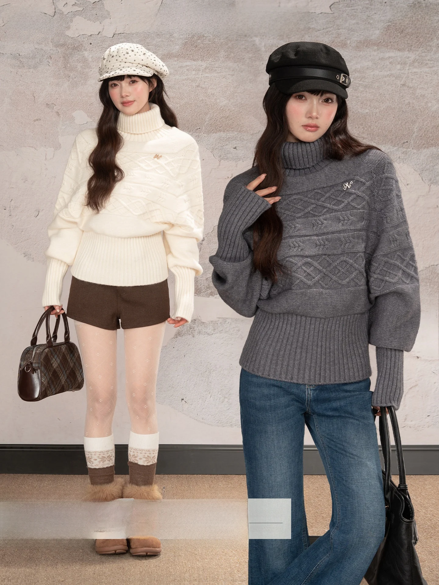 

Loveheynew Белый вязаный свитер с высоким воротником и рукавами «летучая мышь» для женщин, зимний, с эффектом утяжки на талии, повседневный, облегающий топ