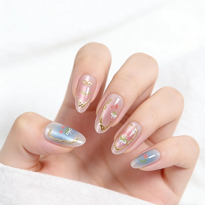 10pcs Flower Butterfly Manicure Cat Eye Woman False Nails Press On Nails Short Almond Korean Pink Blue Colour Fake Nails