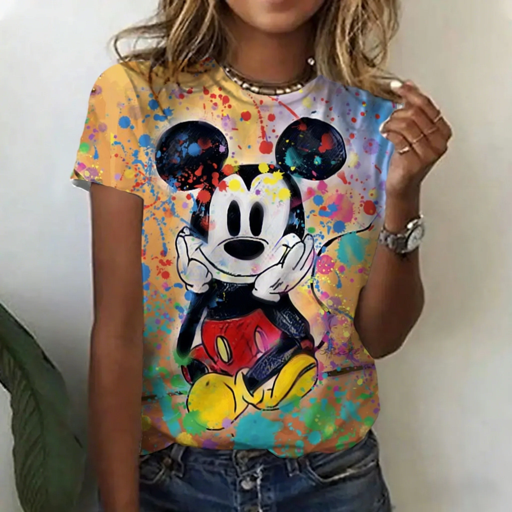 여성 여름 캐주얼 미키 마우스 프린트 티셔츠 카와이 탑 패션 의류 매일 귀여운 스타일 착용에 편안함