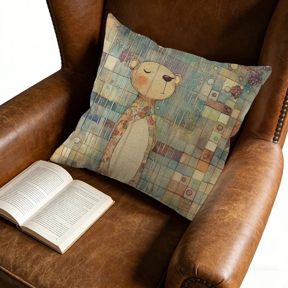 1pc Vintage Style Cushion Cover Multicolor Cute Bear Print Pillowcase For Sofa Bed Decorative Throw Case 45x45cm