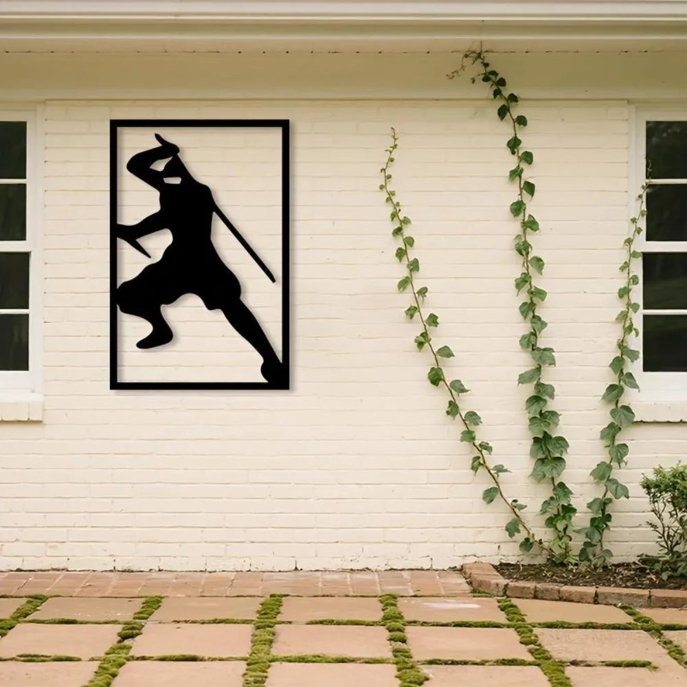 2D Flat Ninja Metal Wall Art, Rust-Proof Iron Japanese Decor with Sword & Mask, Traditional Design for Indoor Outdoor Patio Gard view 6