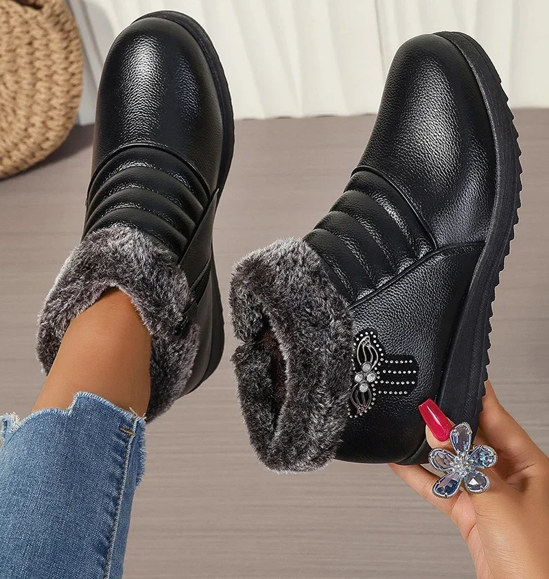 

Winter Warm Women's Boots Thicken Non-slip Plush Lined Zipper Outdoor Ankle Boots Female Fashion PU Leather Cotton Shoes