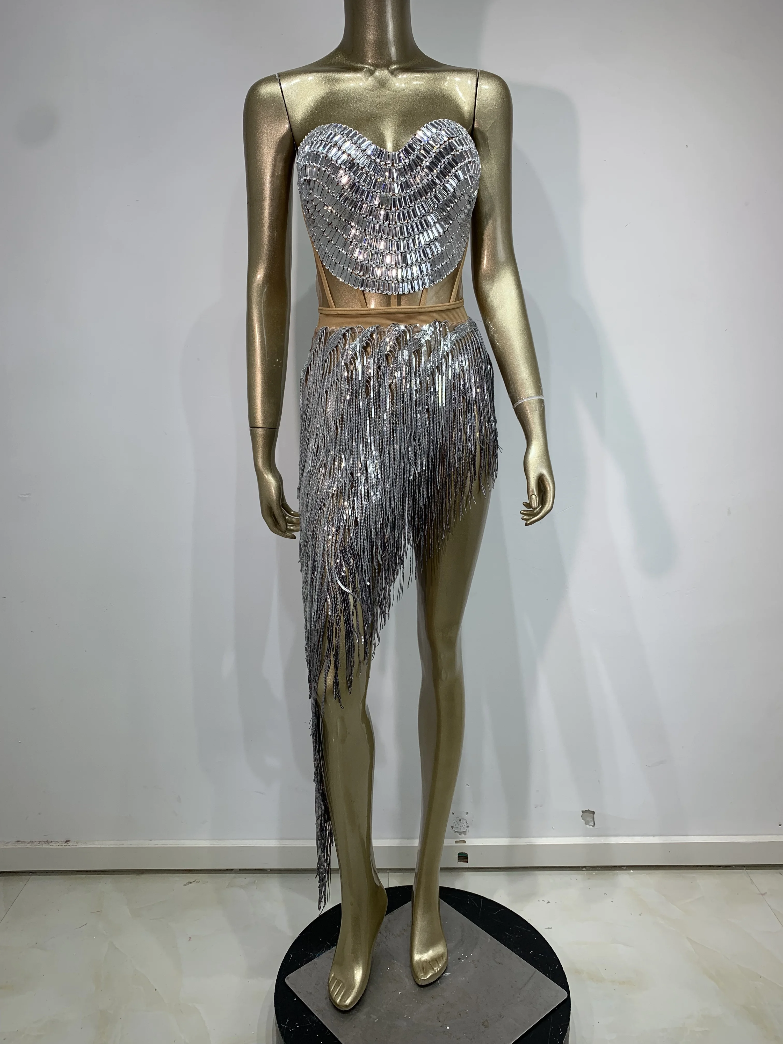 

Sparkly Rhinestone Tassel Evening Party Two Piece Set Women Birthday Nightclub Prom Crystal Nightclub Dance Perform Stage Outfit