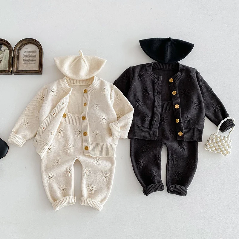 2024 New Autumn Toddler Baby Girl Boys Knitted Clothes Suit Long Sleeved Knitted Cardigan Coat+Jumpsuit Children Clothes Set