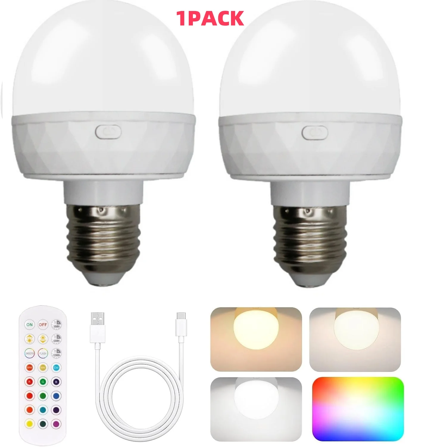 Rechargeable Battery Operated Light Bulb with Remote Control 5W E27 Dimmable Detachable LED Bulb 3 Timer Wireless Puck Light